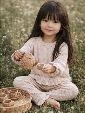 Darling Zara Neutral Blooming Floral Frilly Trim 2pc Lounge Set 3/4